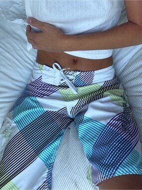 Billabong vintage 90's y2k White Board Shorts with Teal, Purple & Lime Stripes